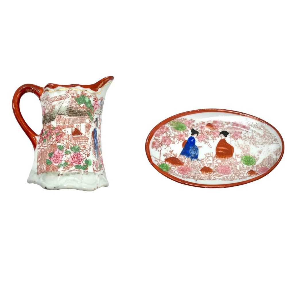 VINTAGE JAPANESE KUTANI STYLE GEISHA GIRL PORCELAIN CREAMER & TRAY